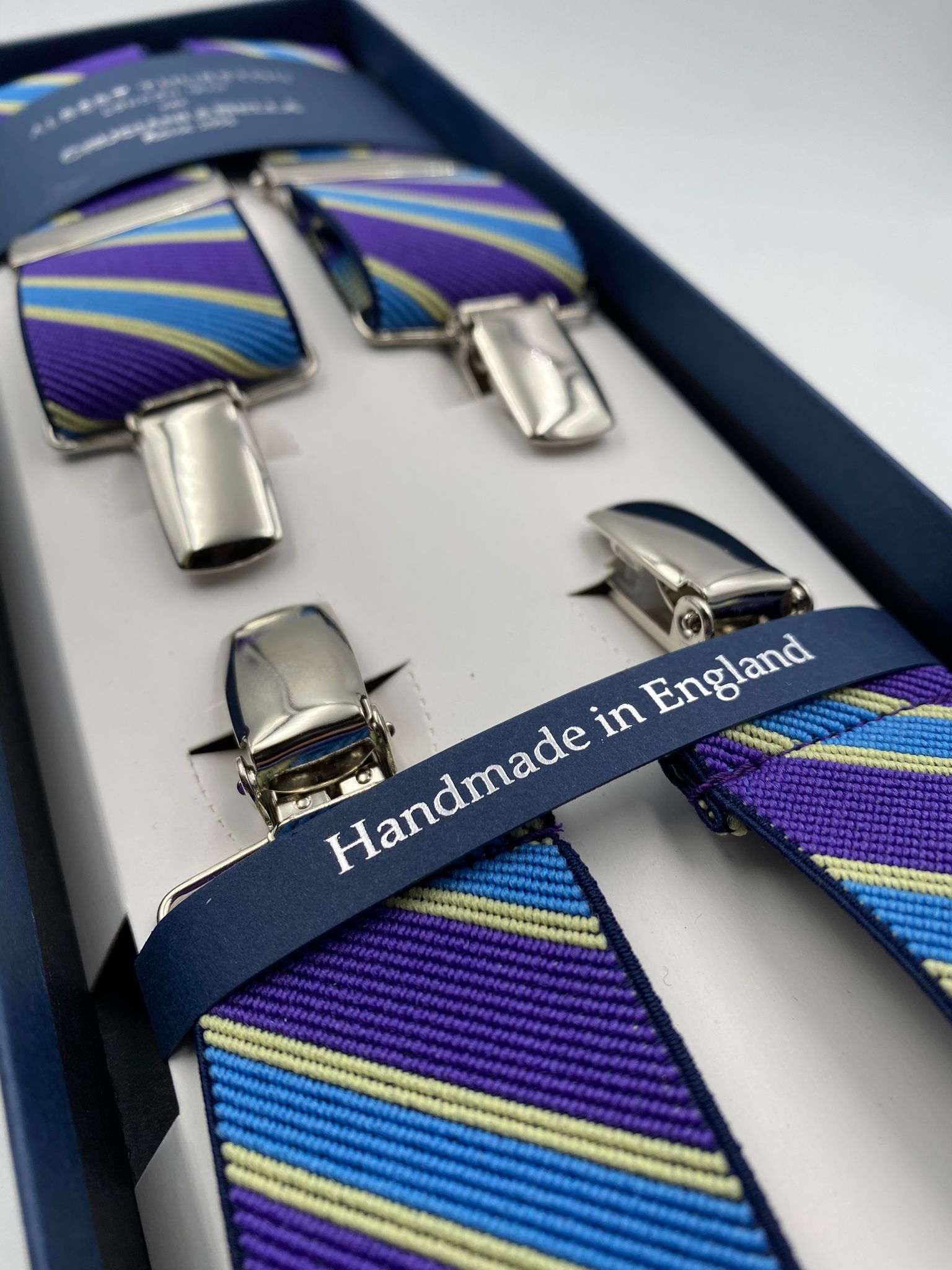 Albert Thurston for Cruciani & Bella Made in England Clip on Adjustable Sizing 35 mm elastic braces Purple and Blue stripes X-Shaped Nickel Fittings Size: L #4817