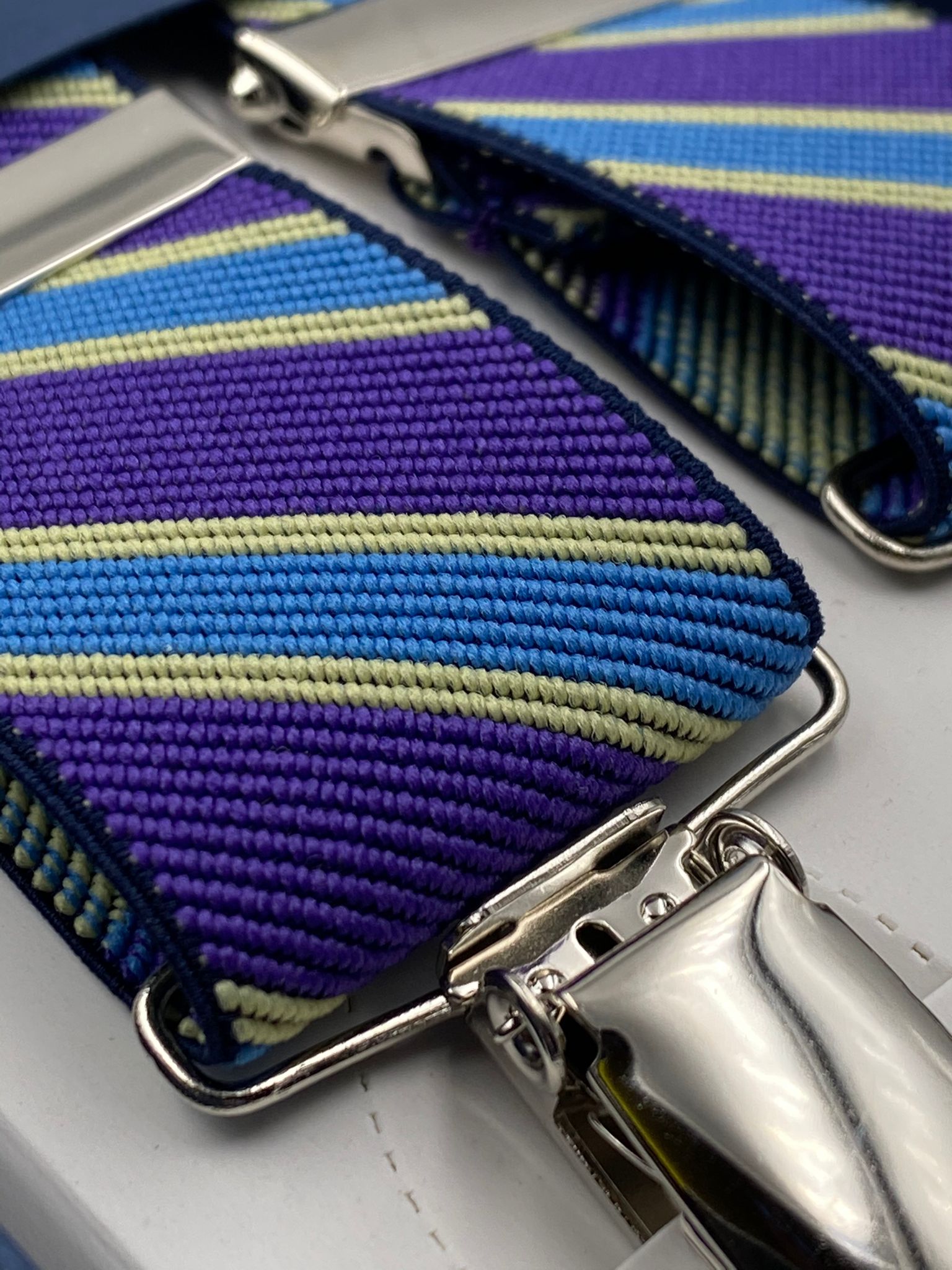Albert Thurston for Cruciani & Bella Made in England Clip on Adjustable Sizing 35 mm elastic braces Purple and Blue stripes X-Shaped Nickel Fittings Size: L #4817