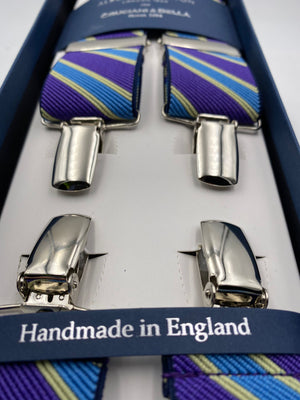 Albert Thurston for Cruciani & Bella Made in England Clip on Adjustable Sizing 35 mm elastic braces Purple and Blue stripes X-Shaped Nickel Fittings Size: L #4817