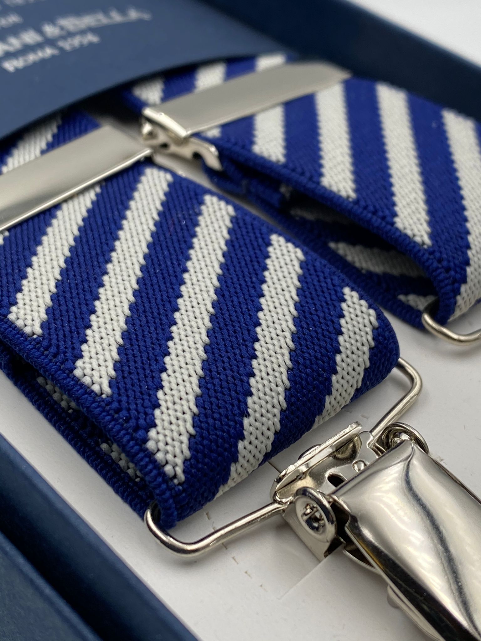 Albert Thurston - Elastic Clip-on-braces  - 35 mm - White and Blue stripes #4810