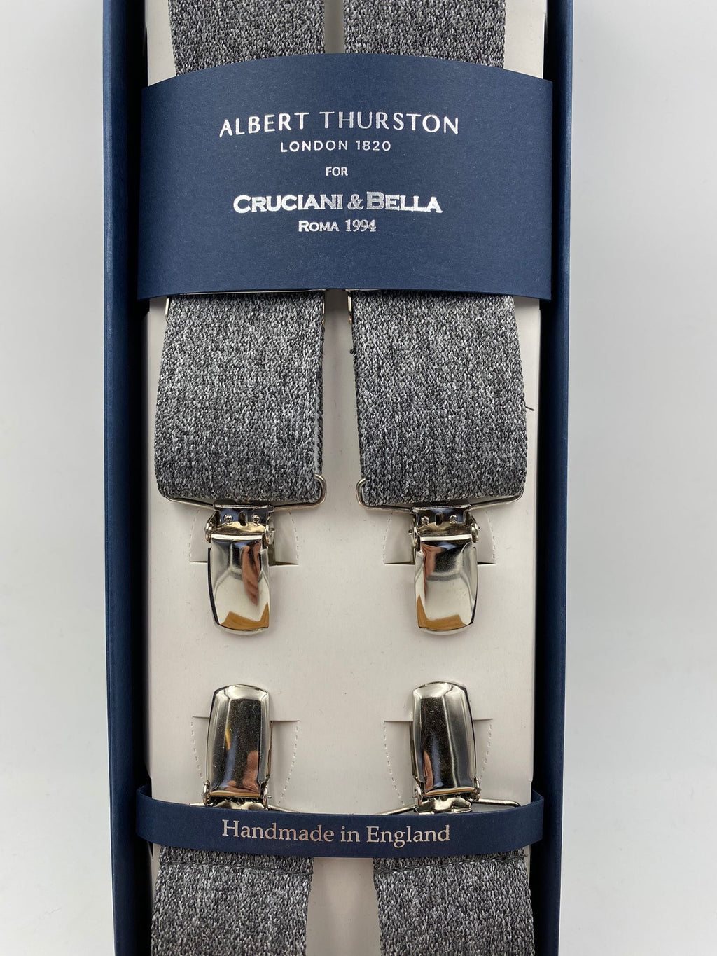 Albert Thurston for Cruciani & Bella Made in England Clip on Adjustable Sizing 35 mm elastic braces Light Grey Plain X-Shaped Nickel Fittings Size: L #4830