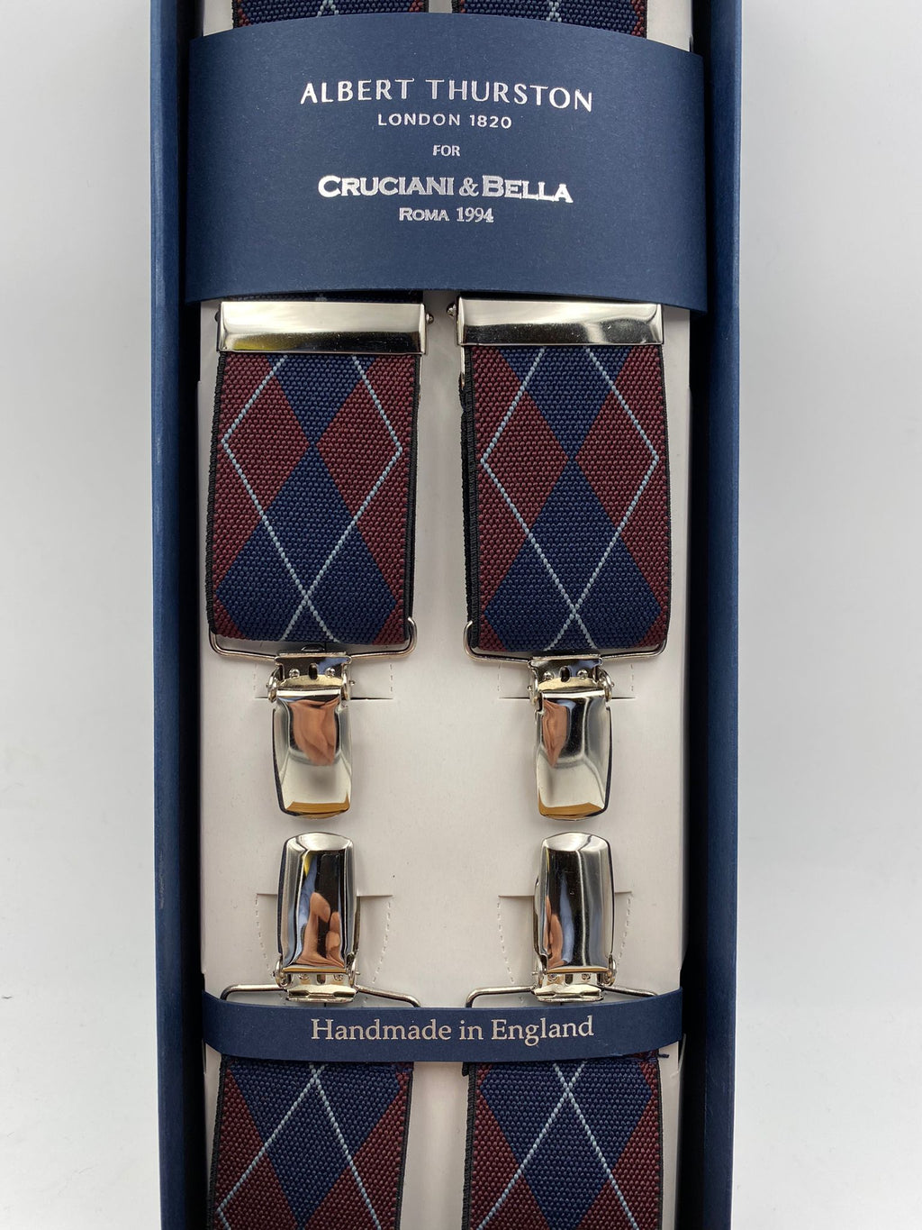 Albert Thurston for Cruciani & Bella Made in England Clip on Adjustable Sizing 35 mm elastic braces Blue, Red and Grey  X-Shaped Nickel Fittings Size: L #4798