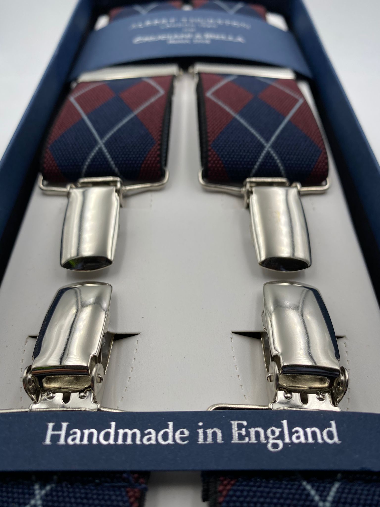 Albert Thurston for Cruciani & Bella Made in England Clip on Adjustable Sizing 35 mm elastic braces Blue, Red and Grey  X-Shaped Nickel Fittings Size: L #4798