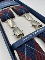 Albert Thurston for Cruciani & Bella Made in England Clip on Adjustable Sizing 35 mm elastic braces Blue, Red and Grey  X-Shaped Nickel Fittings Size: L #4798