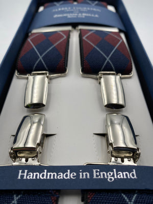 Albert Thurston for Cruciani & Bella Made in England Clip on Adjustable Sizing 35 mm elastic braces Blue, Red and Grey  X-Shaped Nickel Fittings Size: L #4798
