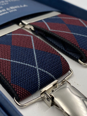 Albert Thurston for Cruciani & Bella Made in England Clip on Adjustable Sizing 35 mm elastic braces Blue, Red and Grey  X-Shaped Nickel Fittings Size: L #4798