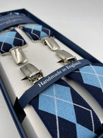 Albert Thurston for Cruciani & Bella Made in England Clip on Adjustable Sizing 35 mm elastic braces Blue, Light Blue and White X-Shaped Nickel Fittings Size: L #4797