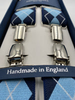 Albert Thurston for Cruciani & Bella Made in England Clip on Adjustable Sizing 35 mm elastic braces Blue, Light Blue and White X-Shaped Nickel Fittings Size: L #4797
