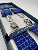 Albert Thurston for Cruciani & Bella Made in England Clip on Adjustable Sizing 35 mm elastic braces Blue and Sky Blue Squares X-Shaped Nickel Fittings Size: L #4811