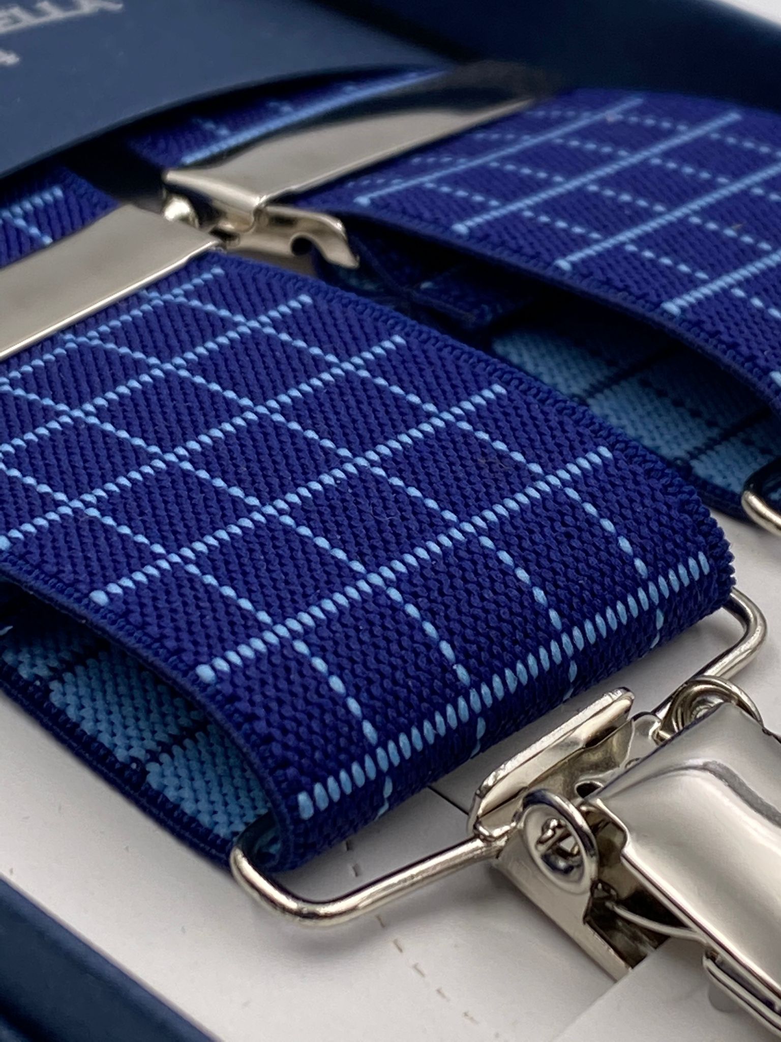 Albert Thurston for Cruciani & Bella Made in England Clip on Adjustable Sizing 35 mm elastic braces Blue and Sky Blue Squares X-Shaped Nickel Fittings Size: L #4811