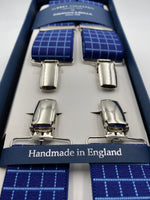 Albert Thurston for Cruciani & Bella Made in England Clip on Adjustable Sizing 35 mm elastic braces Blue and Sky Blue Squares X-Shaped Nickel Fittings Size: L #4811