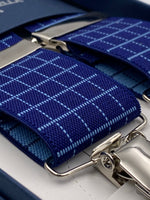 Albert Thurston for Cruciani & Bella Made in England Clip on Adjustable Sizing 35 mm elastic braces Blue and Sky Blue Squares X-Shaped Nickel Fittings Size: L #4811
