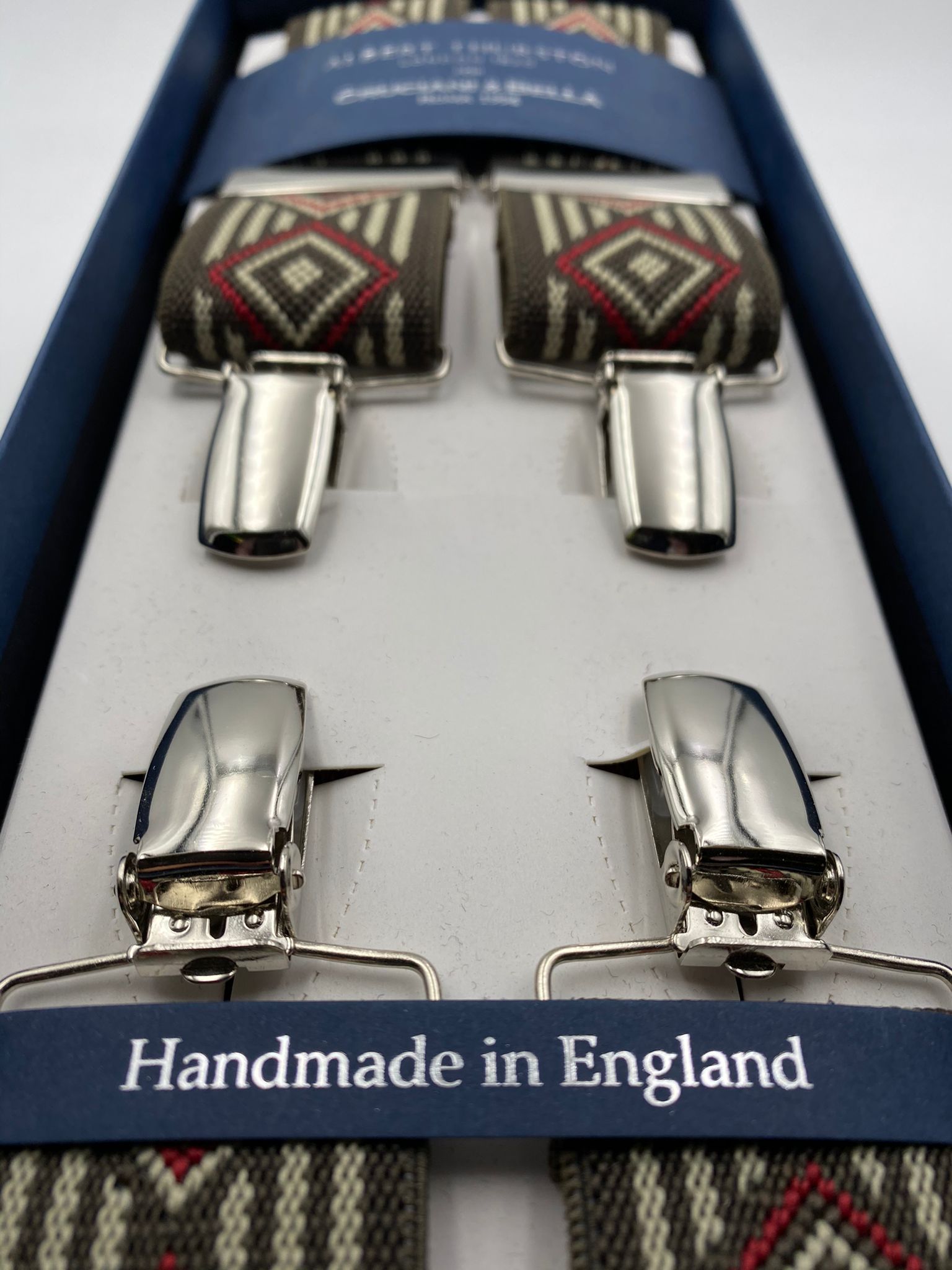 Albert Thurston for Cruciani & Bella Made in England Clip on Adjustable Sizing 35 mm elastic braces Brown and Red Patterned X-Shaped Nickel Fittings Size: L #4813