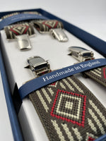 Albert Thurston for Cruciani & Bella Made in England Clip on Adjustable Sizing 35 mm elastic braces Brown and Red Patterned X-Shaped Nickel Fittings Size: L #4813