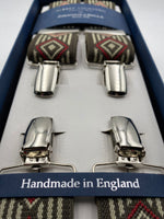 Albert Thurston for Cruciani & Bella Made in England Clip on Adjustable Sizing 35 mm elastic braces Brown and Red Patterned X-Shaped Nickel Fittings Size: L #4813