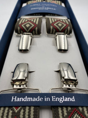 Albert Thurston for Cruciani & Bella Made in England Clip on Adjustable Sizing 35 mm elastic braces Brown and Red Patterned X-Shaped Nickel Fittings Size: L #4813