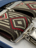 Albert Thurston for Cruciani & Bella Made in England Clip on Adjustable Sizing 35 mm elastic braces Brown and Red Patterned X-Shaped Nickel Fittings Size: L #4813