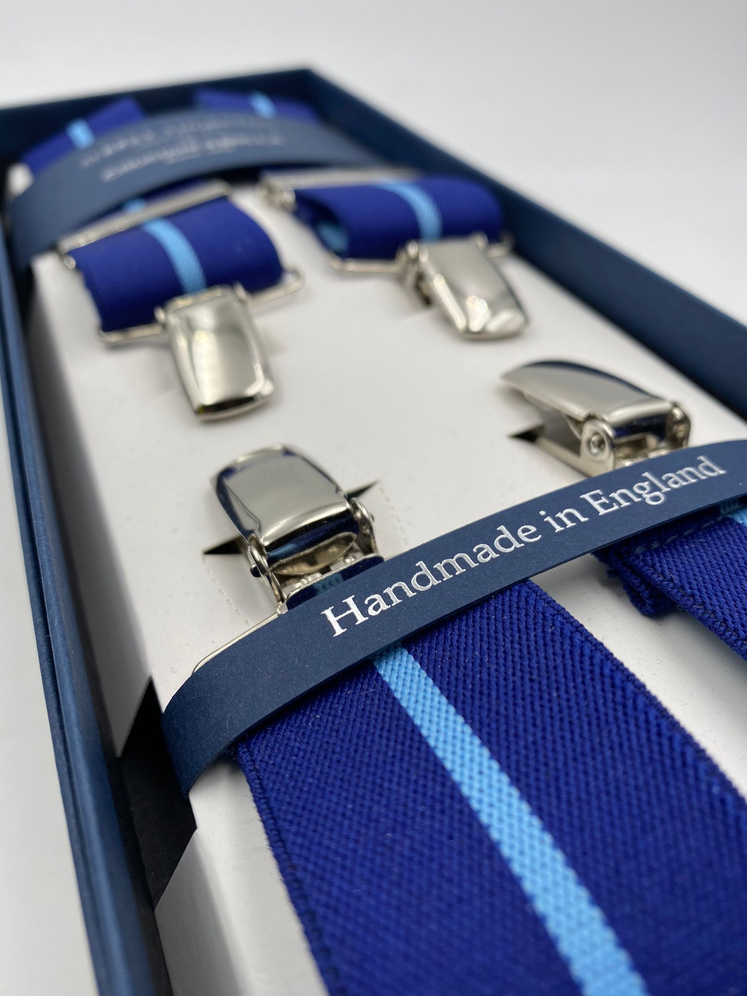 Albert Thurston for Cruciani & Bella Made in England Clip on Adjustable Sizing 35 mm elastic braces Blue and Sky Blue Stripe X-Shaped Nickel Fittings Size: L #4818