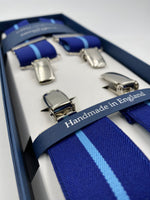 Albert Thurston for Cruciani & Bella Made in England Clip on Adjustable Sizing 35 mm elastic braces Blue and Sky Blue Stripe X-Shaped Nickel Fittings Size: L #4818