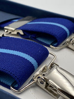 Albert Thurston for Cruciani & Bella Made in England Clip on Adjustable Sizing 35 mm elastic braces Blue and Sky Blue Stripe X-Shaped Nickel Fittings Size: L #4818