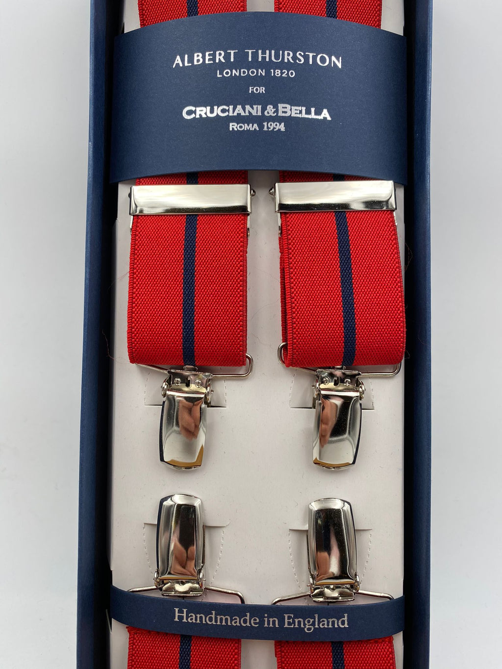 Albert Thurston for Cruciani & Bella Made in England Clip on Adjustable Sizing 35 mm elastic braces Red and Blue Stripe X-Shaped Nickel Fittings Size: L #4819