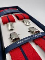 Albert Thurston for Cruciani & Bella Made in England Clip on Adjustable Sizing 35 mm elastic braces Red and Blue Stripe X-Shaped Nickel Fittings Size: L #4819