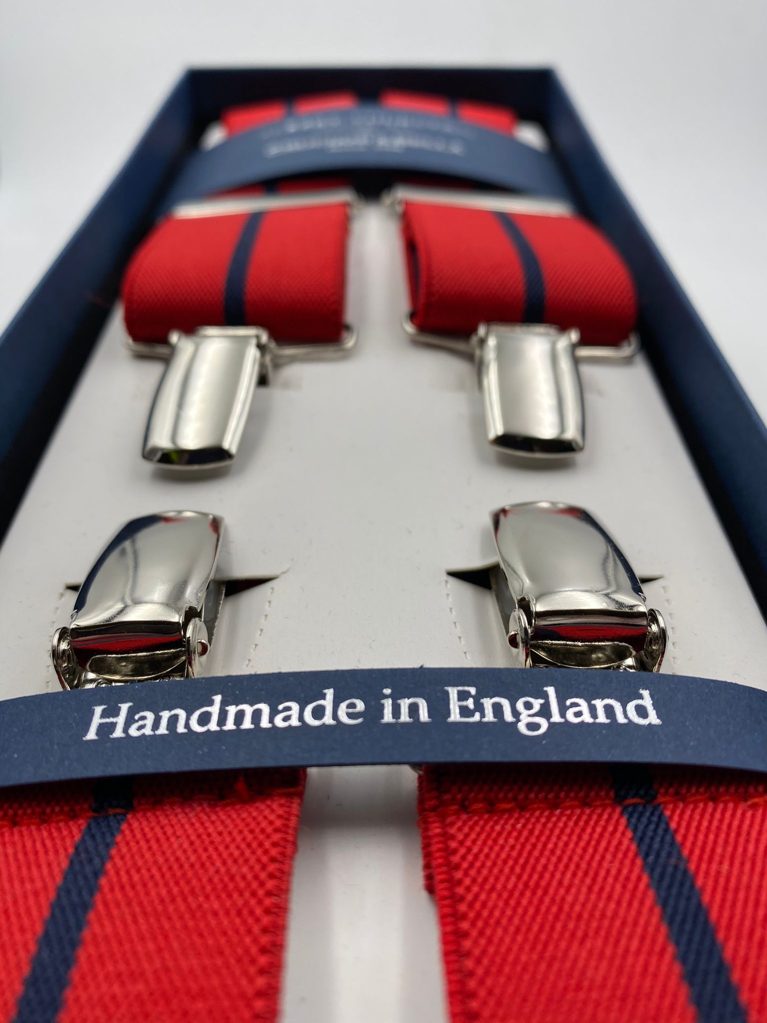 Albert Thurston for Cruciani & Bella Made in England Clip on Adjustable Sizing 35 mm elastic braces Red and Blue Stripe X-Shaped Nickel Fittings Size: L #4819