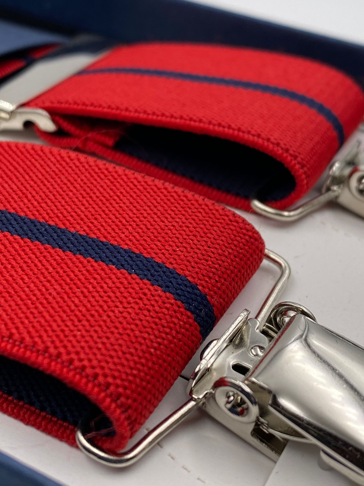 Albert Thurston for Cruciani & Bella Made in England Clip on Adjustable Sizing 35 mm elastic braces Red and Blue Stripe X-Shaped Nickel Fittings Size: L #4819
