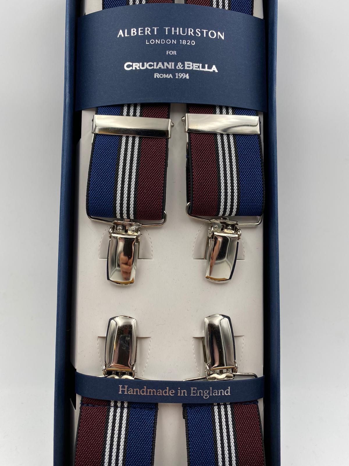 Albert Thurston for Cruciani & Bella Made in England Clip on Adjustable Sizing 35 mm elastic braces Blue, Dark Red and White Stripe X-Shaped Nickel Fittings Size: L #4805
