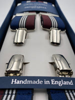 Albert Thurston for Cruciani & Bella Made in England Clip on Adjustable Sizing 35 mm elastic braces Blue, Dark Red and White Stripe X-Shaped Nickel Fittings Size: L #4805
