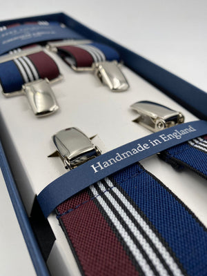 Albert Thurston for Cruciani & Bella Made in England Clip on Adjustable Sizing 35 mm elastic braces Blue, Dark Red and White Stripe X-Shaped Nickel Fittings Size: L #4805