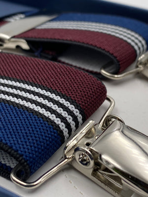 Albert Thurston for Cruciani & Bella Made in England Clip on Adjustable Sizing 35 mm elastic braces Blue, Dark Red and White Stripe X-Shaped Nickel Fittings Size: L #4805