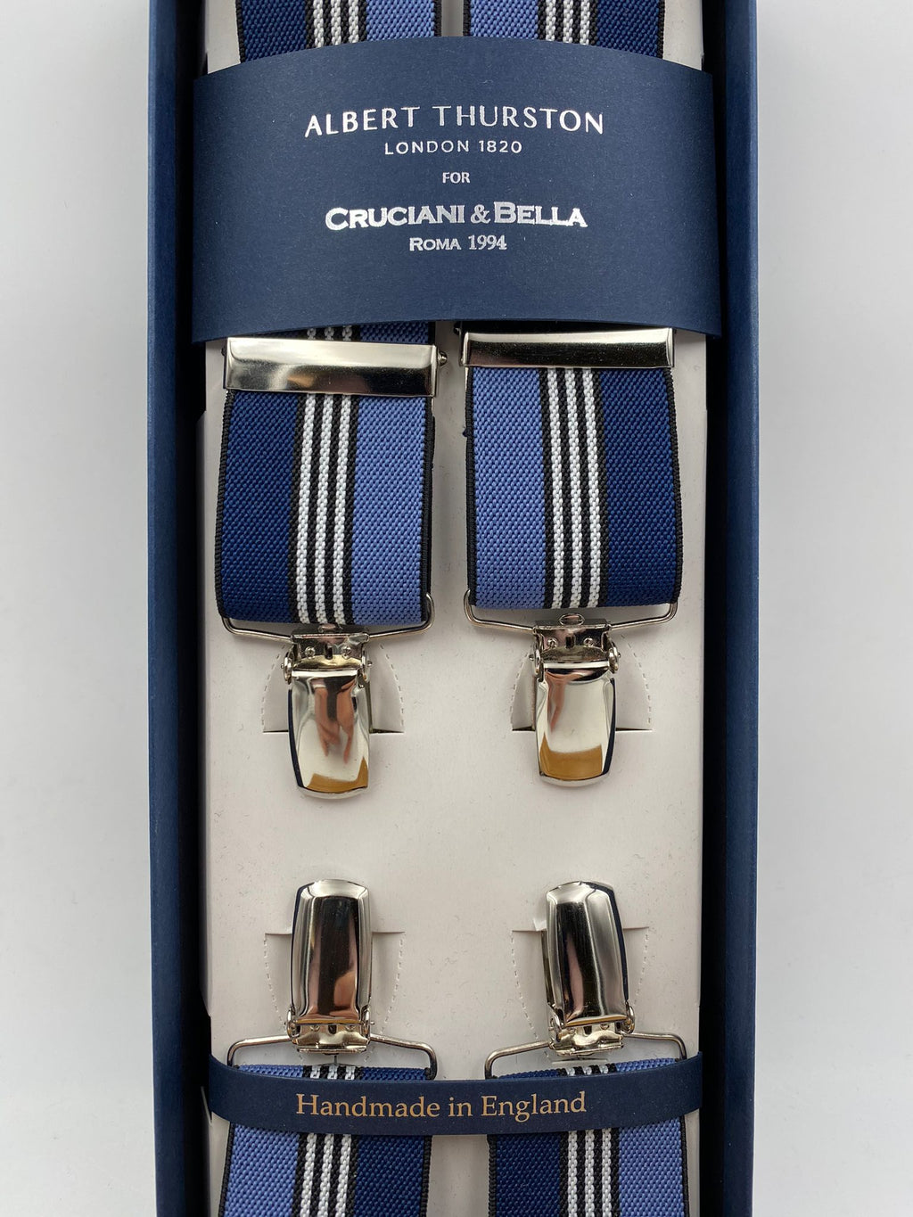 Albert Thurston for Cruciani & Bella Made in England Clip on Adjustable Sizing 35 mm elastic braces Blue, Sky and White Stripe X-Shaped Nickel Fittings Size: L #4806