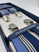 Albert Thurston for Cruciani & Bella Made in England Clip on Adjustable Sizing 35 mm elastic braces Blue, Sky and White Stripe X-Shaped Nickel Fittings Size: L #4806