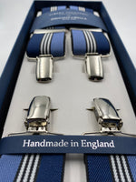 Albert Thurston for Cruciani & Bella Made in England Clip on Adjustable Sizing 35 mm elastic braces Blue, Sky and White Stripe X-Shaped Nickel Fittings Size: L #4806