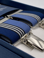 Albert Thurston for Cruciani & Bella Made in England Clip on Adjustable Sizing 35 mm elastic braces Blue, Sky and White Stripe X-Shaped Nickel Fittings Size: L #4806