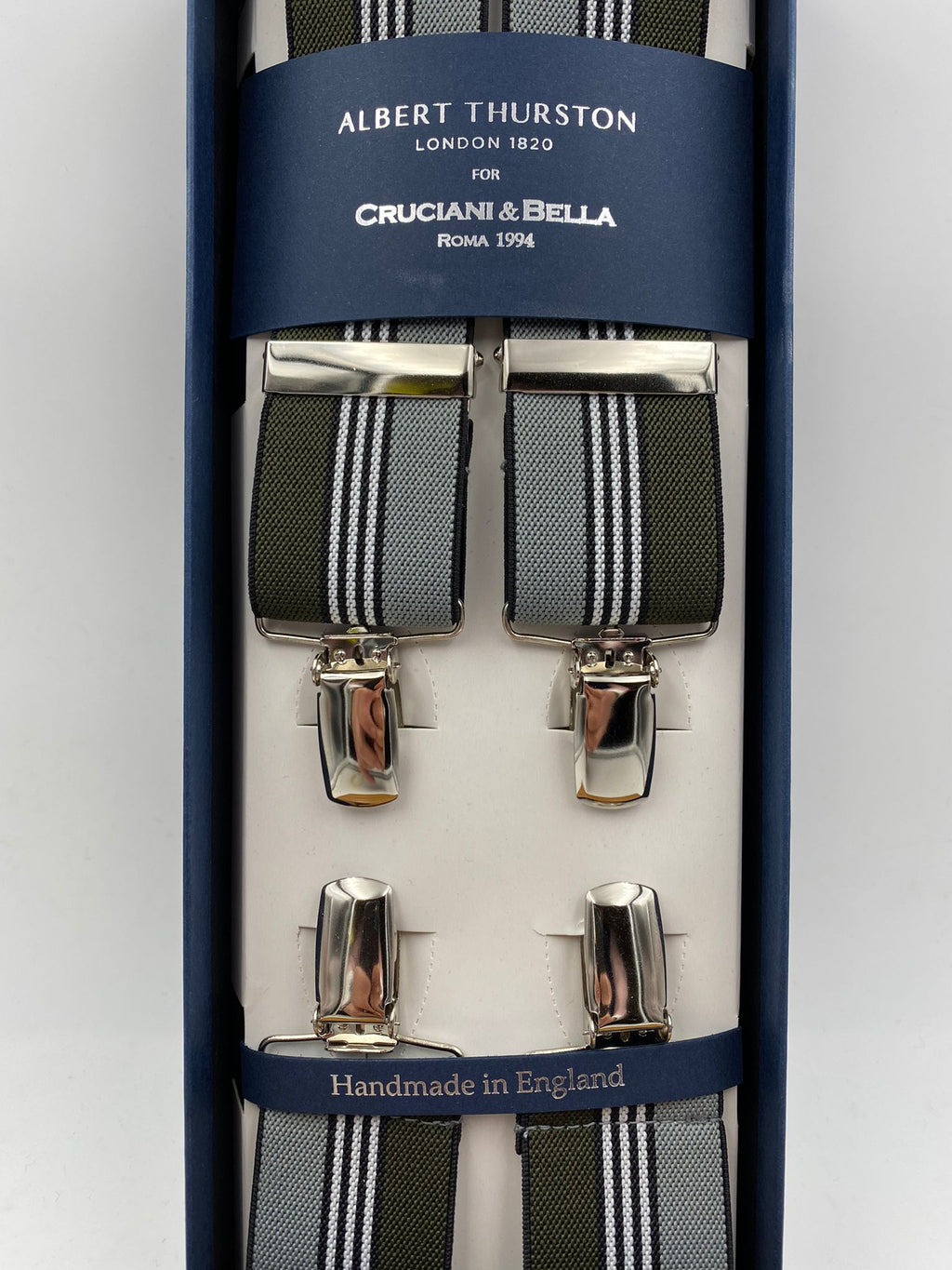 Albert Thurston for Cruciani & Bella Made in England Clip on Adjustable Sizing 35 mm elastic braces Green, Grey and White Stripe X-Shaped Nickel Fittings Size: L #4807