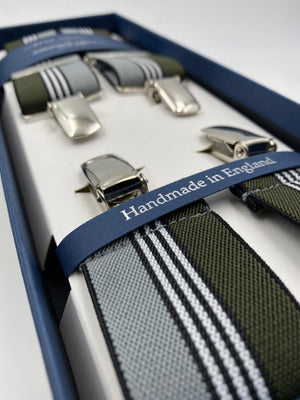 Albert Thurston for Cruciani & Bella Made in England Clip on Adjustable Sizing 35 mm elastic braces Green, Grey and White Stripe X-Shaped Nickel Fittings Size: L #4807