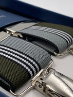 Albert Thurston for Cruciani & Bella Made in England Clip on Adjustable Sizing 35 mm elastic braces Green, Grey and White Stripe X-Shaped Nickel Fittings Size: L #4807