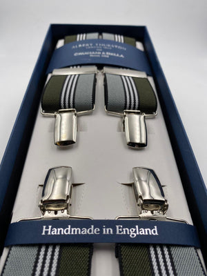 Albert Thurston for Cruciani & Bella Made in England Clip on Adjustable Sizing 35 mm elastic braces Green, Grey and White Stripe X-Shaped Nickel Fittings Size: L #4807