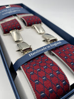 Albert Thurston for Cruciani & Bella Made in England Clip on Adjustable Sizing 35 mm elastic braces Red and Blue Patterned X-Shaped Nickel Fittings Size: L #4828