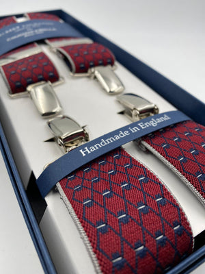 Albert Thurston for Cruciani & Bella Made in England Clip on Adjustable Sizing 35 mm elastic braces Red and Blue Patterned X-Shaped Nickel Fittings Size: L #4828