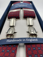Albert Thurston for Cruciani & Bella Made in England Clip on Adjustable Sizing 35 mm elastic braces Red and Blue Patterned X-Shaped Nickel Fittings Size: L #4828
