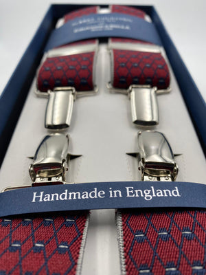Albert Thurston for Cruciani & Bella Made in England Clip on Adjustable Sizing 35 mm elastic braces Red and Blue Patterned X-Shaped Nickel Fittings Size: L #4828