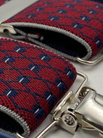 Albert Thurston for Cruciani & Bella Made in England Clip on Adjustable Sizing 35 mm elastic braces Red and Blue Patterned X-Shaped Nickel Fittings Size: L #4828