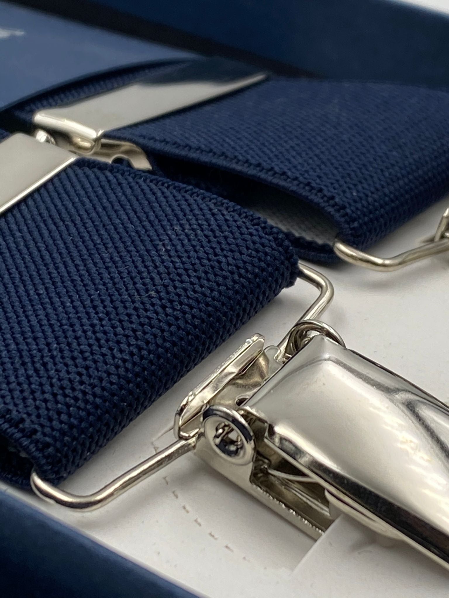 Albert Thurston for Cruciani & Bella Made in England Clip on Adjustable Sizing 35 mm elastic braces Navy Blue Plain X-Shaped Nickel Fittings Size: L #4820