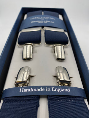 Albert Thurston for Cruciani & Bella Made in England Clip on Adjustable Sizing 35 mm elastic braces Navy Blue Plain X-Shaped Nickel Fittings Size: L #4820
