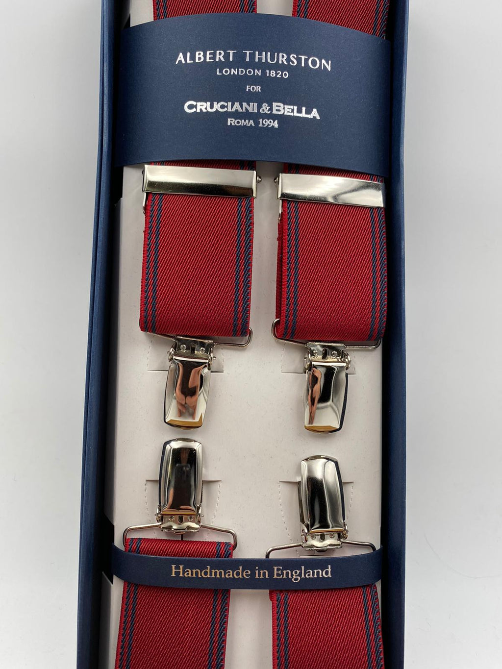Albert Thurston for Cruciani & Bella Made in England Clip on Adjustable Sizing 35 mm elastic braces Red and Blue Stripes X-Shaped Nickel Fittings Size: L #4827