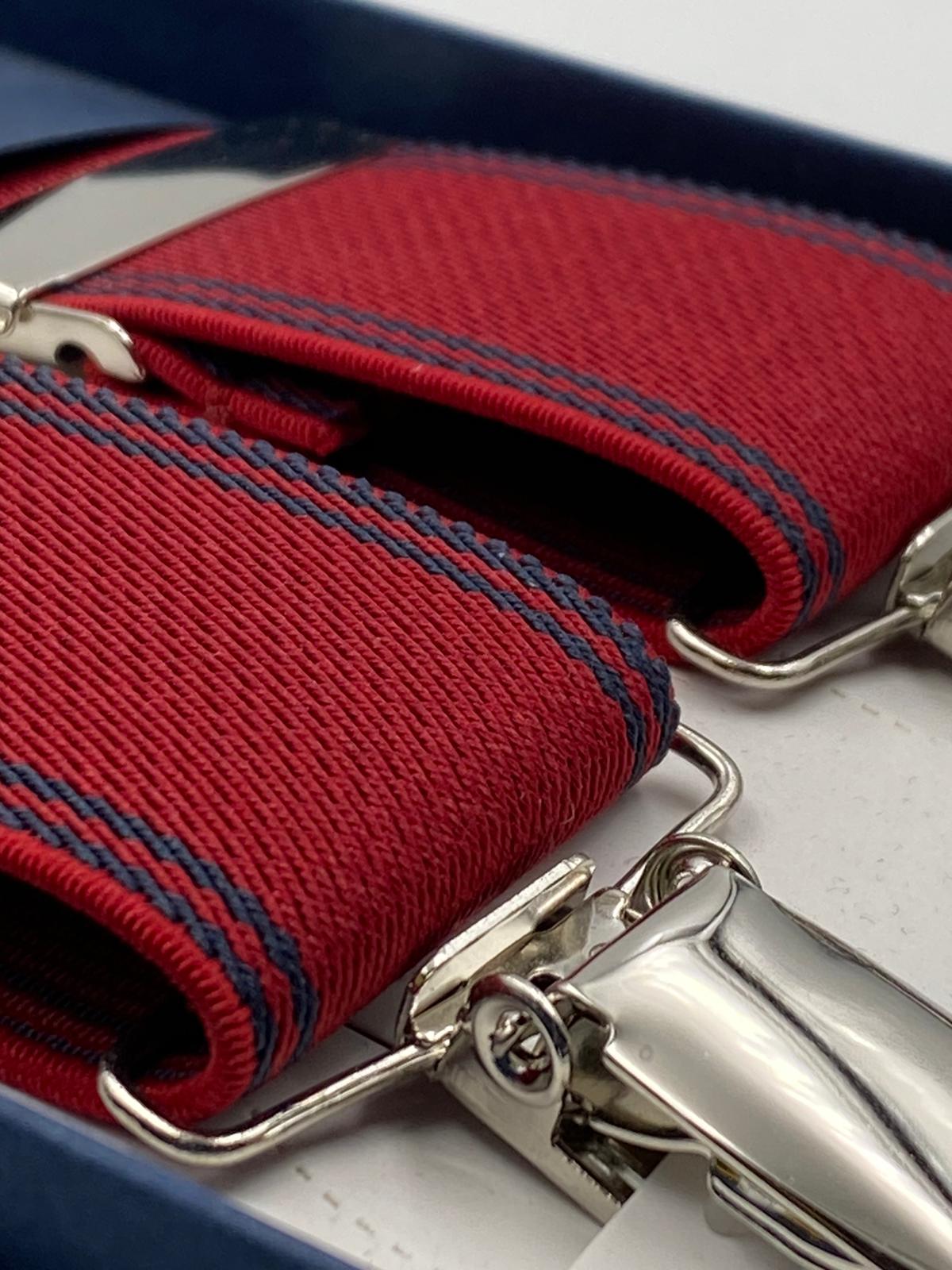 Albert Thurston for Cruciani & Bella Made in England Clip on Adjustable Sizing 35 mm elastic braces Red and Blue Stripes X-Shaped Nickel Fittings Size: L #4827