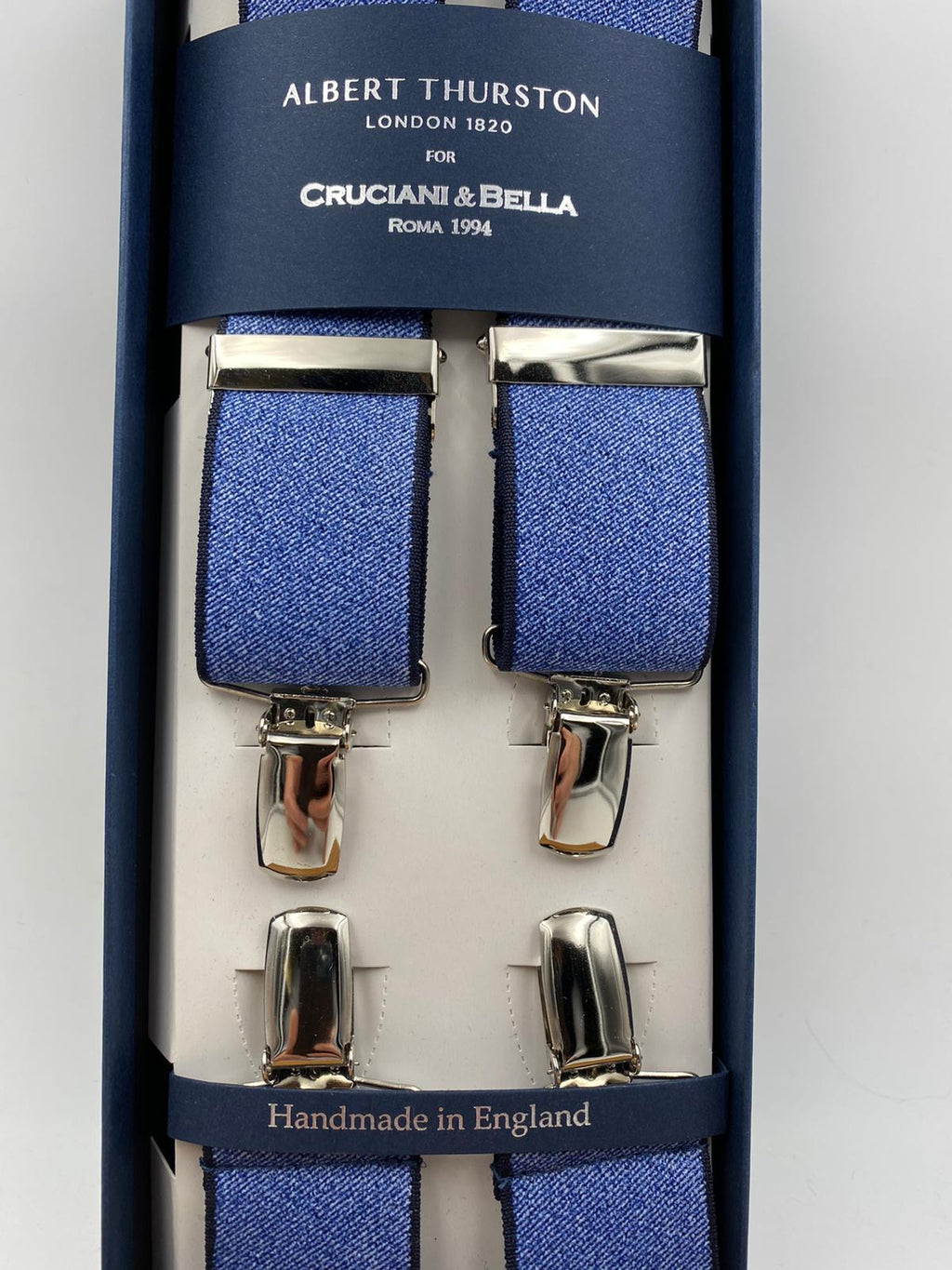 Albert Thurston for Cruciani & Bella Made in England Clip on Adjustable Sizing 35 mm elastic braces Denim Blue Plain X-Shaped Nickel Fittings Size: L #4829